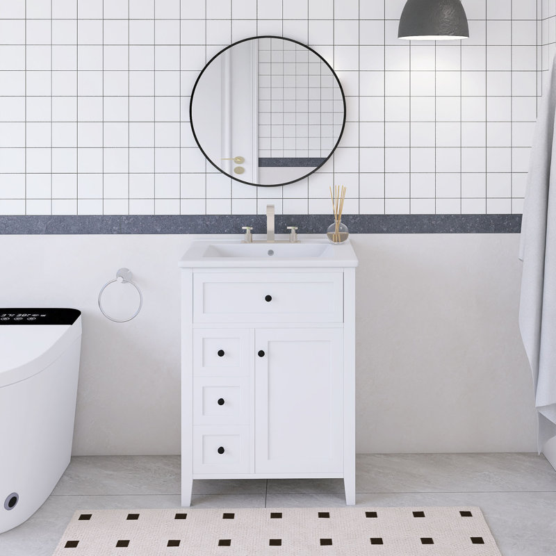 24'' Freestanding Single Sink Bathroom Vanity With Ceramic Top, White, Black