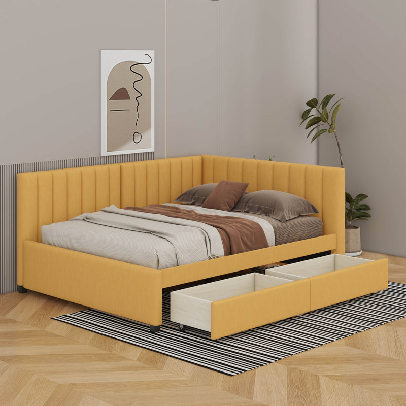 Full Size Upholstered Daybed With Storage Drawers, Yellow