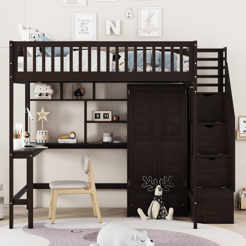 Lit mezzanine double avec bibliothèque, tiroirs, bureau et armoire-espresso