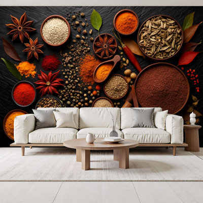 Peel and Stick Wallpaper Colorful Assorted Spices Herbs Bowls Dark Rustic Wall Murals 69"H x 96"W Removable PVC Wall Paper Self-Adhesive Wall Decor for Bedroom Living Room Home Office