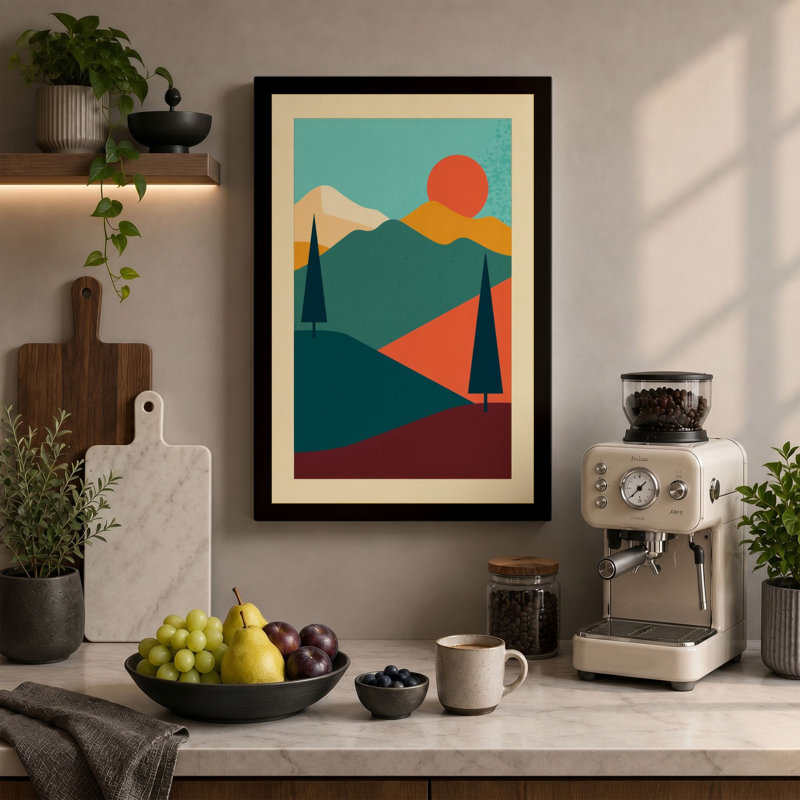 Mountains at Dusk Retro - Wrapped Canvas, 30x20 - 76.2 x 50.8 cm, Taupe Border