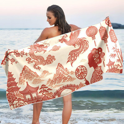 Serviette de plage surdimensionnée à l'encre de chine, serviette de plage à séchage rapide, sans sable, super absorbante, serviette de bain douce et respirante, couverture de pique-nique pour homme, 30 x 60 po, et un sac en toile de style chinois gratuit est inclus