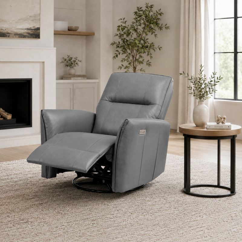 Coamhan 31.5" Wide Genuine Leather Modern Power Recliner with Swivel and Glider, Gray