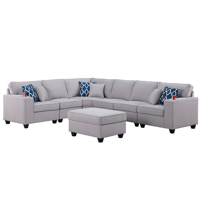 Canapé modulaire en lin gris réversible en L 7 pièces de 34,25 po x 26,5 po, H 17,75 po, porte-gobelets intégrés, 6 coussins décoratifs, siège de 17,75 po de hauteur, 23 po de profondeur, 24,25 po de hauteur de bras en lin, 125 po de largeur, profondeur