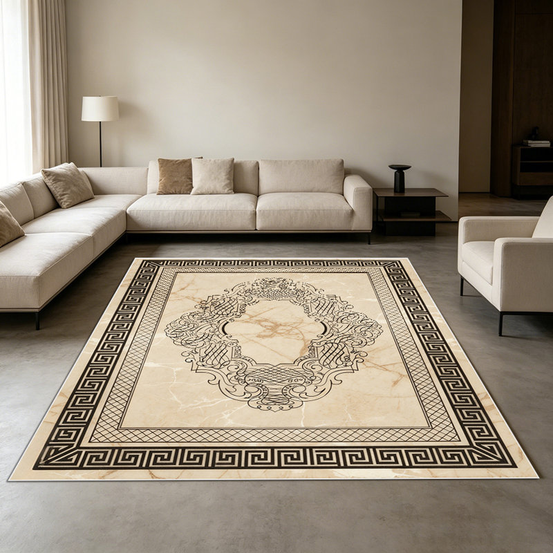 1PC Vintage Greek Key Border Ornate Oval Medallion Marble Texture area rugs for Living Room, Soft and Comfortable, Suitable for all seasons, easy-to-maintain, machine washable Indoor floor mat, Under Table Farmhouse suitable for dining room, bedroom,