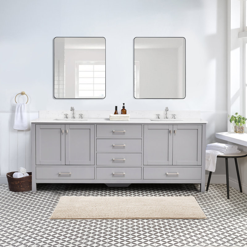 Meuble-lavabo double 84 po avec plateau en pierre reconstituée Render, Gris