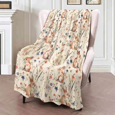 Floral Bunny Flannel Blanket 80x60in, with Cute Rabbits, Butterflies & Wildflowers, Soft Lightweight Animal Throw for Girls, Couch, Spring Decor, Gifts Blankets
