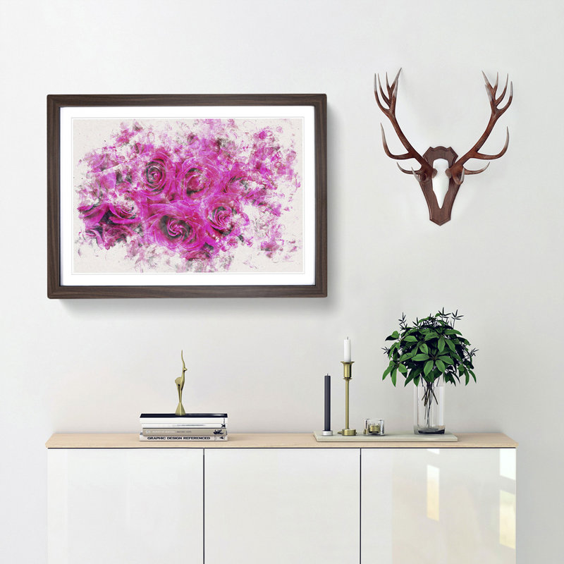 Wall Of Bright Pink Roses Watercolour - Picture Frame Graphic Art, Walnut, 62cm H x 87cm W x 2cm D