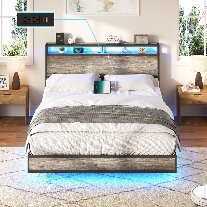 Tryston Floating Bed Frame With Led Lights, Industrial Platform Bed With Charging Station, Full, Rustic Gray