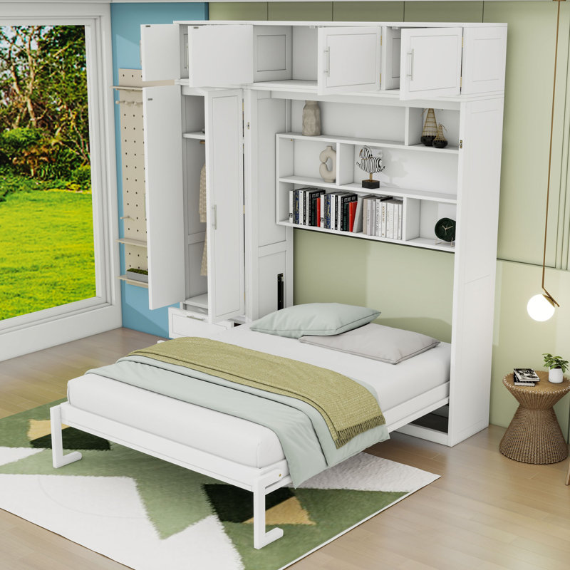 Lit escamotable avec armoire, tablettes et garde-robe Murphy, Blanc