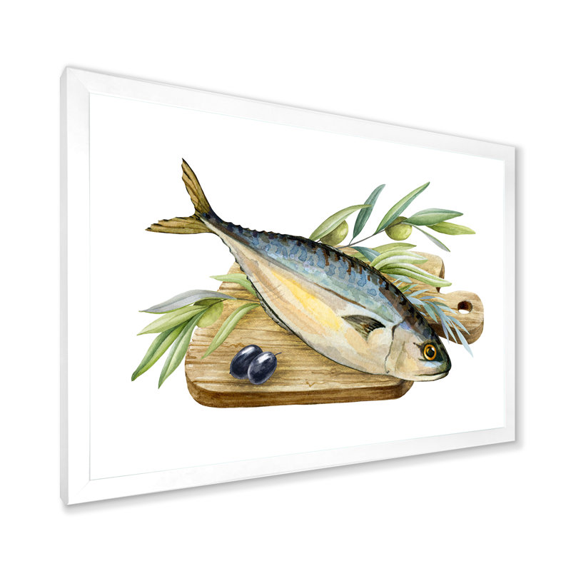 Poisson de mer avec herbes et branche d'olivier - Peinture sur toile, H 16 po x l 32 po, Cadre photo blanc