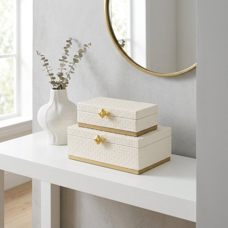 Ensemble de boîtes rectangulaires en vinyle Baskura - Blanc | Base en métal doré, Blanc