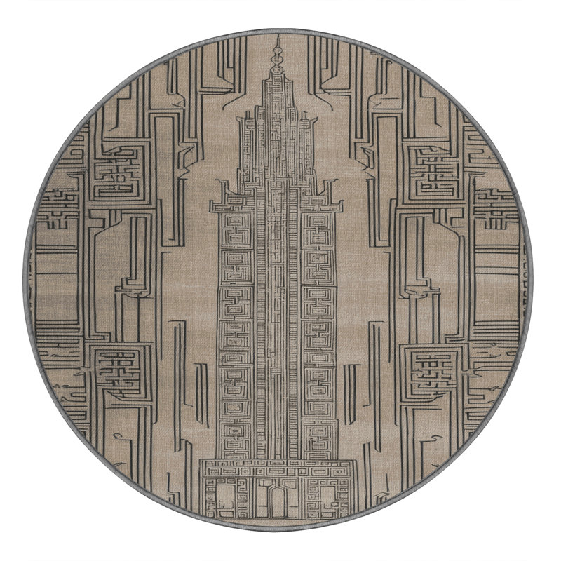 Machine Washable Art Deco Gray Area Rug, Round 7'