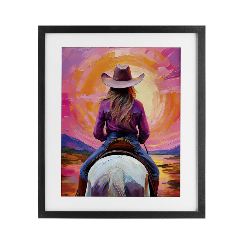 «Riding Into The Sunset», reproduction sous verre encadrée, conception de Susan Ball, H 16 po x l 13 po, Cadre noir minuit