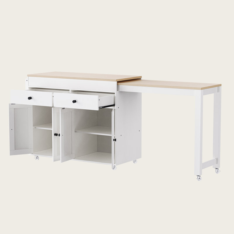 74.5" Kitchen Island with Extendable Dining Table, Rolling Kitchen Cart on Wheels with Spice Rack, 4-Door Cabinet & 2 Drawers, Multifunctional Kitchen Storage Island for Dining Room