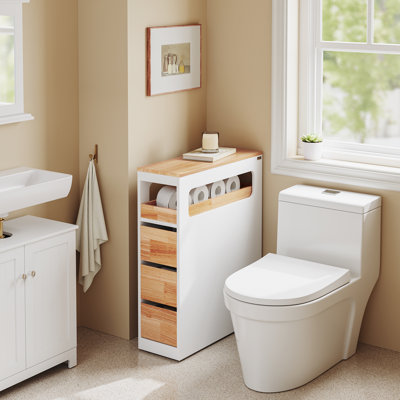 Rolling Bathroom Storage Cabinet on Hidden Wheels with 3 Drawers and Top Tray Mobile Narrow Tower for Bathroom Living Room 9.1"W x 25.6"D x 32.3"H