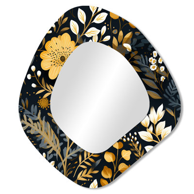 Noir et jaune bohème botanique - miroir bohème asymétrique, miroir mural décoratif de forme unique noire, impression sur métal