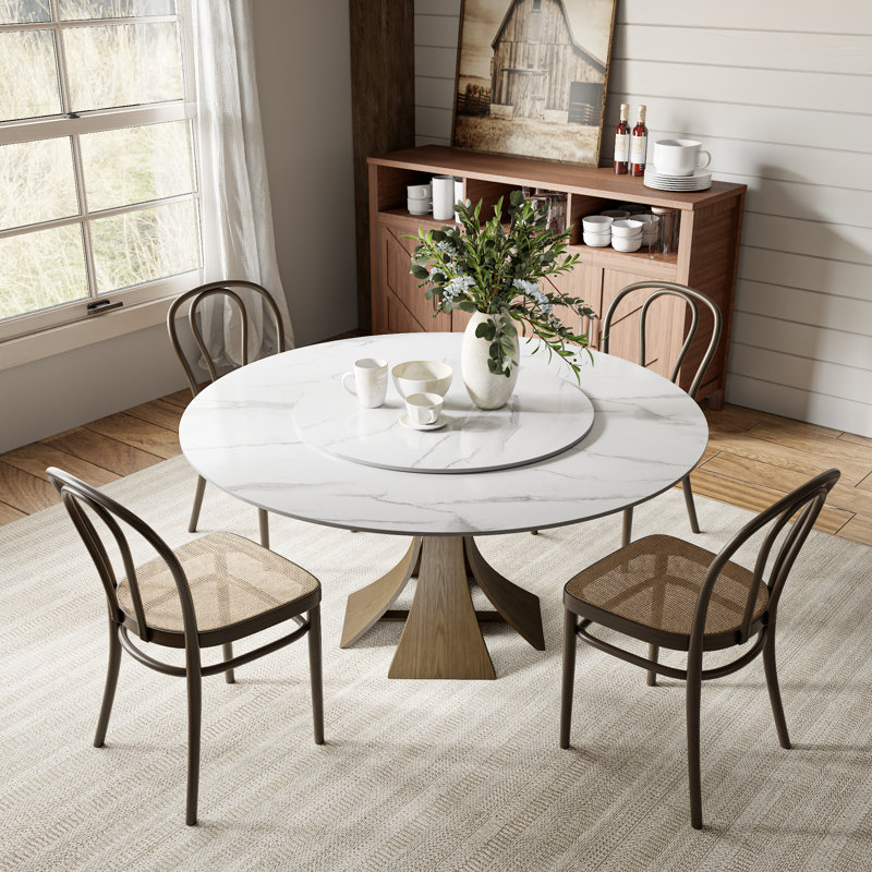 Aversa Modern Round Dining Table, Sintered Stone & Travertine Top With Lazy Susan, Farmhouse Kitchen Table For Dining Room