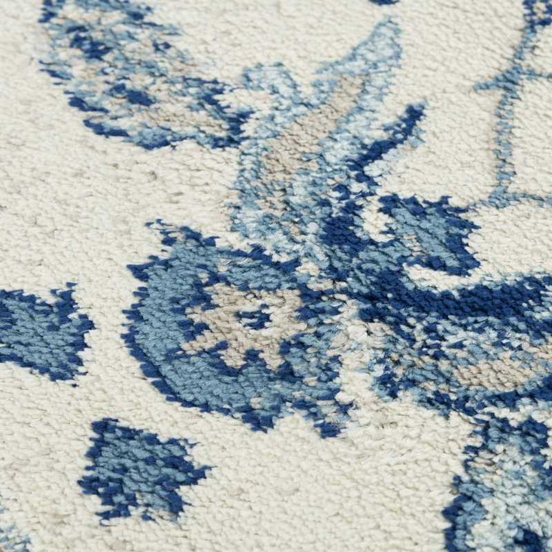 Tapis géométrique blanc / bleu / beige, Rectangle 5 pi 2 po x 7 pi 3 po