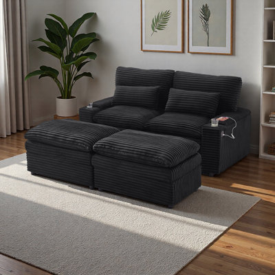 Canapé modulaire 70,9 po avec 2 repose-pieds mobiles, canapé-lit convertible avec 4 ports USB, porte-gobelets et rangement, canapé modulaire en velours côtelé pour le salon