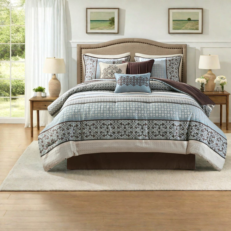 Elegant Blue Bedding Sets, Polyester Jacquard Comforter For Cal King