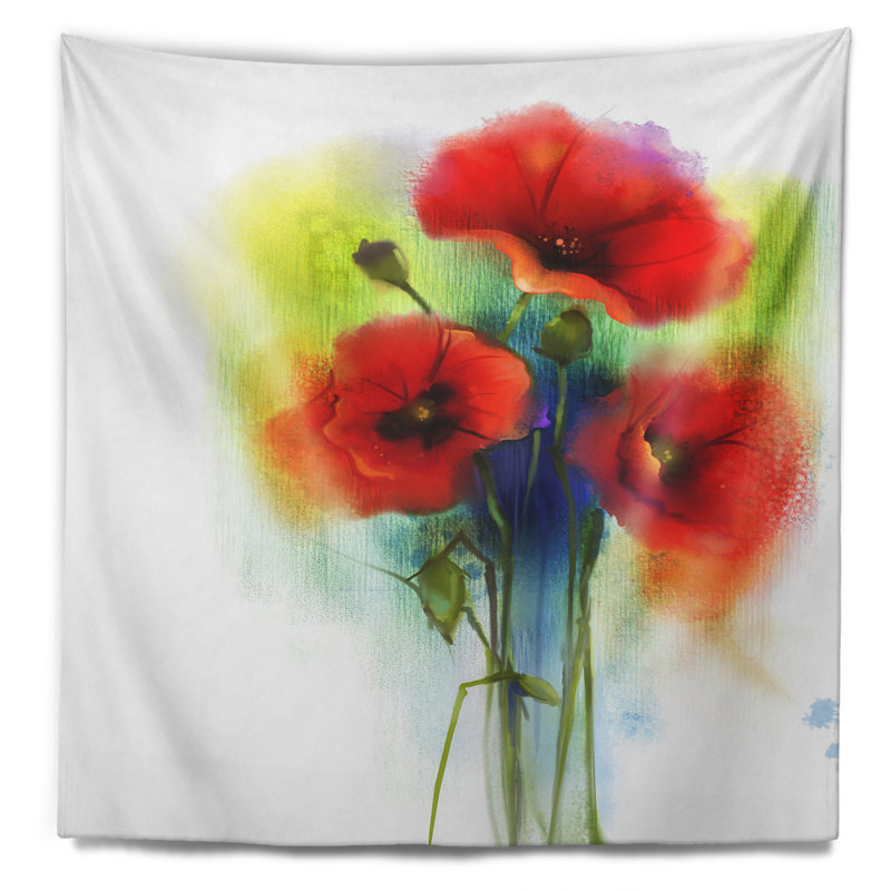 Tapisserie de fleurs de pavot rouge vif, H 78 po x l 92 po