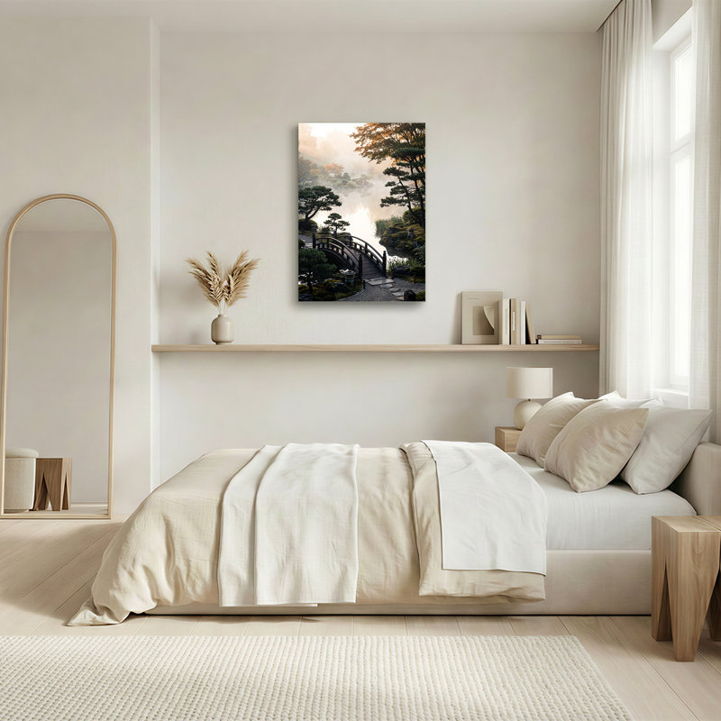 Art mural en bois, pont arqué en bois sur lac brumeux dans un jardin japonais, 30"H x 20"W