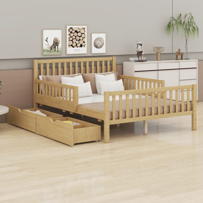Sturdy Wood Platform Bed Frame Featuring Dual Guardrails and 2 Storage Drawers