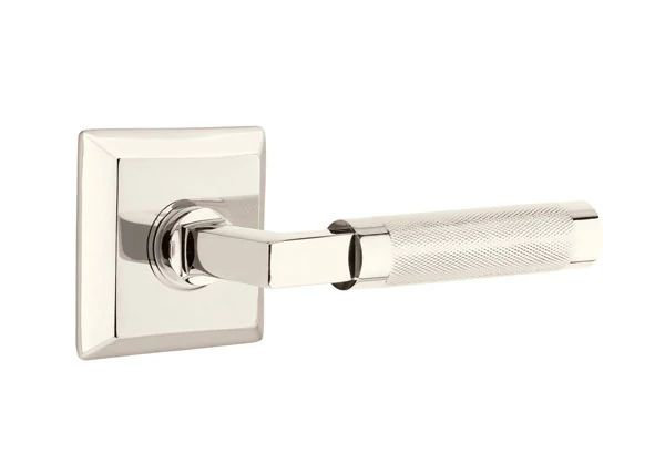 Mortaise intérieure Emtek Select Passage avec rosette Quincy et tige carrée en L, levier moleté, Gauche, Nickel poli