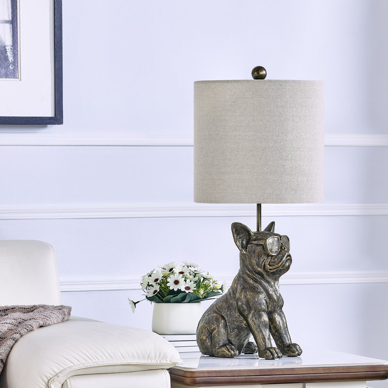 24.5"  Bronze Resin French Bulldog W/ Sunglasses Table Lamp  With Shade, Tan, Brown