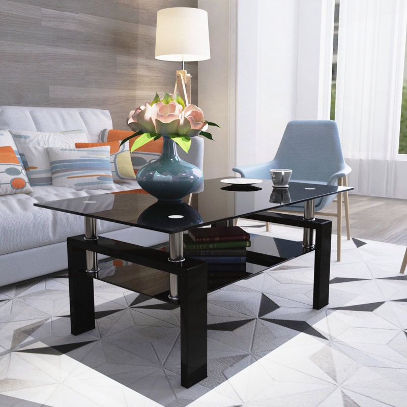 Table basse rectangulaire en verre noir, table basse transparente, tables d'appoint modernes pour le salon, meubles de salon