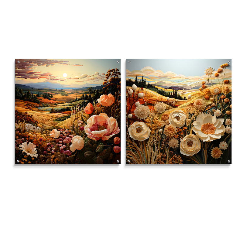Tapisserie de jardin filetée - ensemble de 2 peintures murales abstraites en acrylique, H 16 po x l 33 po