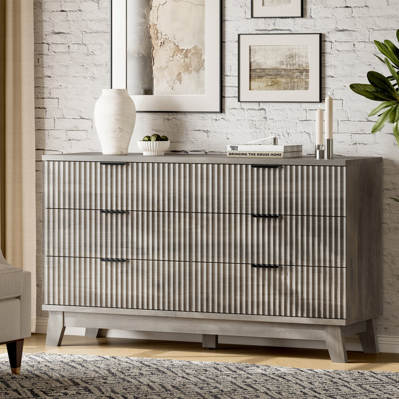 53‘’W Extra Wide Fluted 6-Drawer Dresser, Large Wave Design Storage Cabinet, Wide Chest of Drawers for Bedroom, Living Room, Hallway