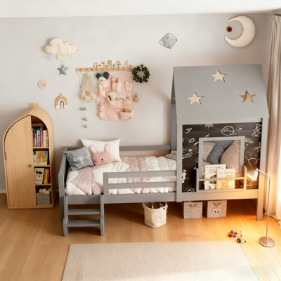 Full House Beds with Low-Profile Stairs and a Window,with a Bookcase, Blackboard Desig