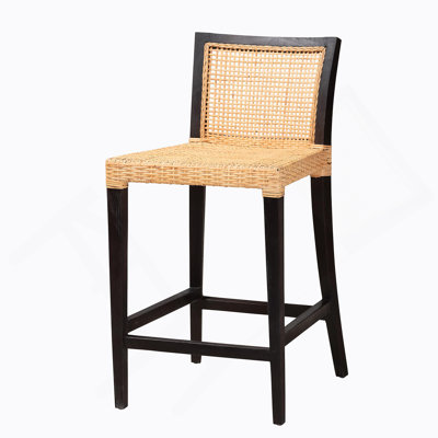 Modern Bohemian Counter Stool With Mahogany Frame And Woven Rattan, Ergonomic Design For Comfortable Seating.