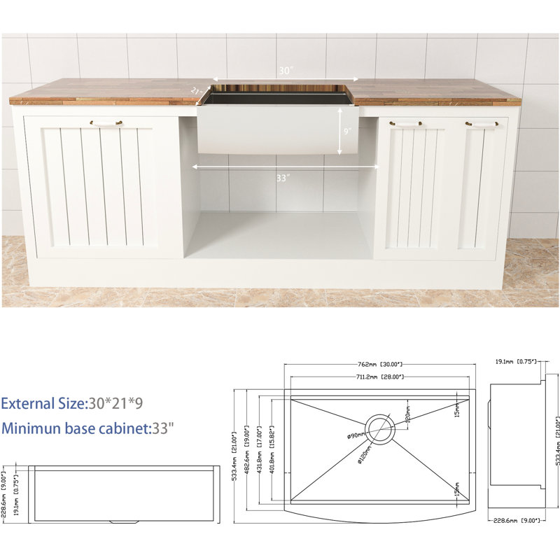30X21x9 Inch Kitchen Sink Stainless Steel - X-Shaped Water Guide For Smooth Drain Look With Dish Grid & Drying Rack