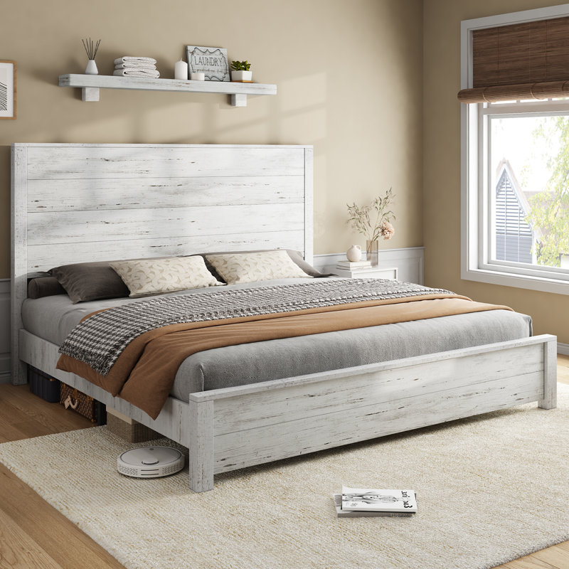 Base de lit en bois massif 51,2 po, lit plateforme rustique avec tête de lit épissée, Blanc antique, Très grand
