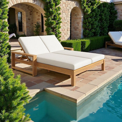 Double Lounge Chair With Adjustable Backrest, Acacia Wood Patio Furniture For Outdoor Use