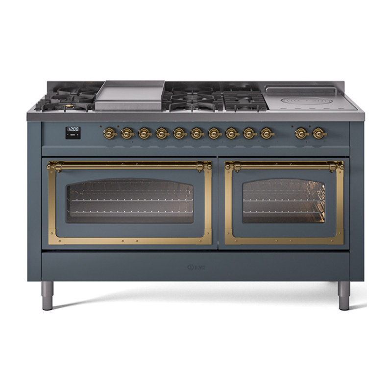 ILVE Nostalgie II Noblesse 60 po à 2 brûleurs, plaque chauffante, plaque de cuisson française, Gris-bleu / laiton