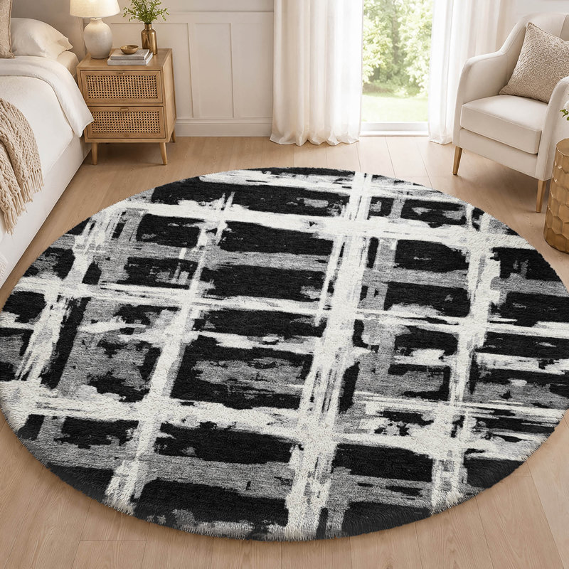 Tapis à rayures Dream Shag ADS745 lavable à la machine de qualité supérieure, Black, 8' Round