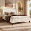 Lit plateforme king size FOUNA en tissu bouclé avec tête de lit à oreilles et pieds en bois. Sommier non requis.-128978114-128978172