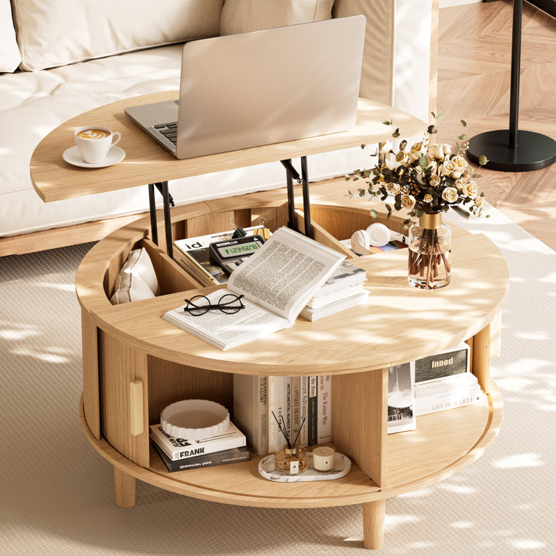 Table basse Mid-Century moderne à plateau relevable avec portes de rangement coulissantes