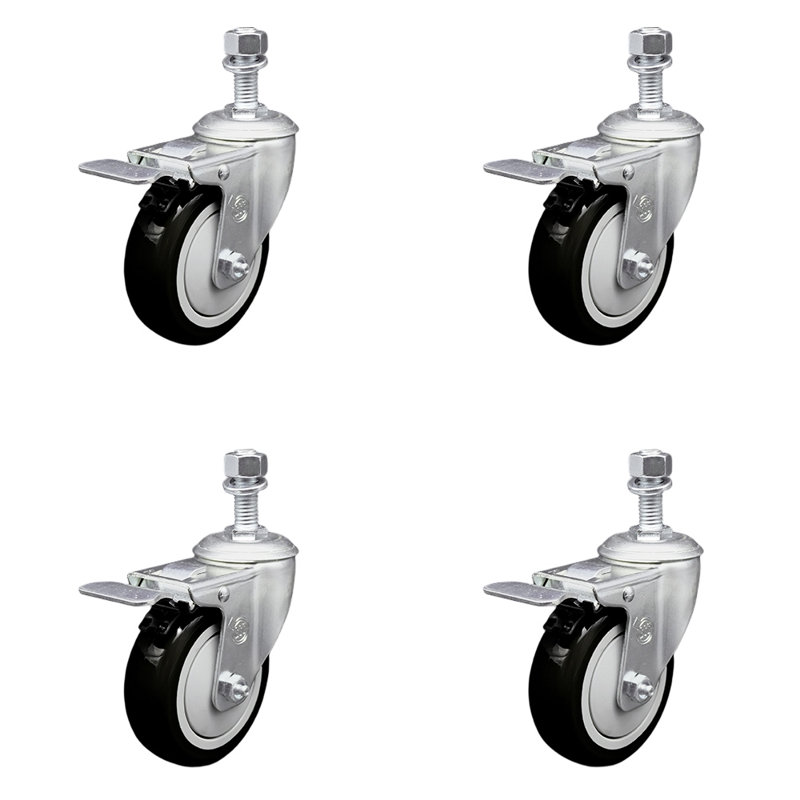 Ensemble de roulettes à tige filetée en polyuréthane 4 mm 4 pouces, Noir