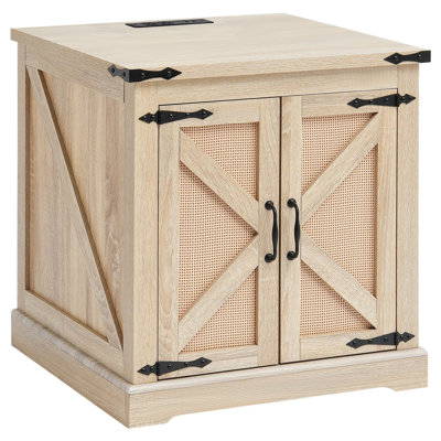 Rattan Coffee Table, Rectangle 2-Tier PE Rattan Farmhouse End Table, 24-Inch Modern Boho Style Storage Mid Century Coffee Table with Retro Metal Hinge