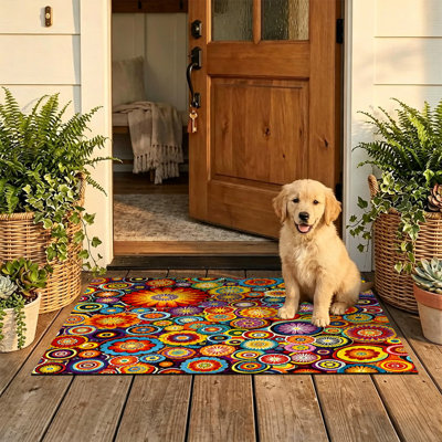  Tapis d'intérieur antidérapant pour porte d'extérieur, 24 po x 36 po, fleur de mandala colorée