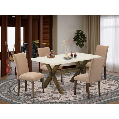 Ensemble de table de salle à manger 5 pièces moderne comprenant une table rectangulaire en bois avec pieds en X et 4 chaises rembourrées en tissu de lin sable clair, patiné Jacobean