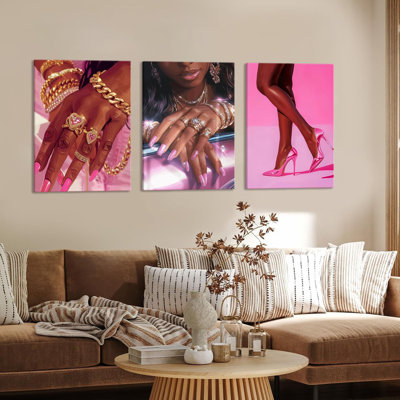 Ensemble de 3 affiches sur toile rose, fille noire et afro-américaine, mode femme noire, estampes pour salon