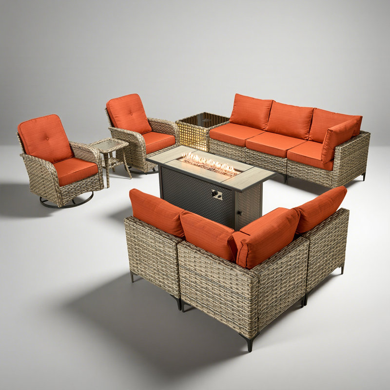 Sorella 11-Piece PE Wicker Outdoor Patio Furniture Set with 54" Propane Fire Pit Table & Solar-Powered Lighting