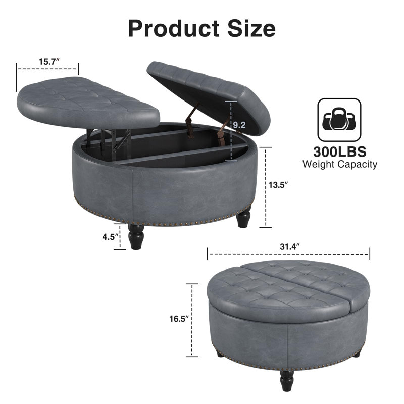 Round Ottoman With Storage & Lift Top, Gray