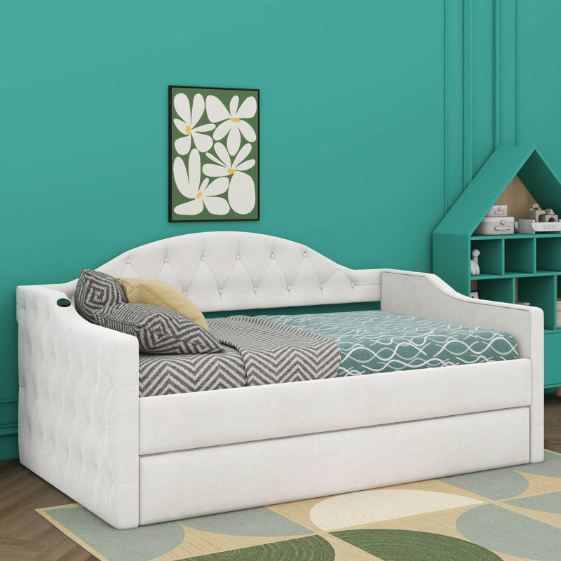 Lit de jour simple capitonné avec couchette rétractable, Beige